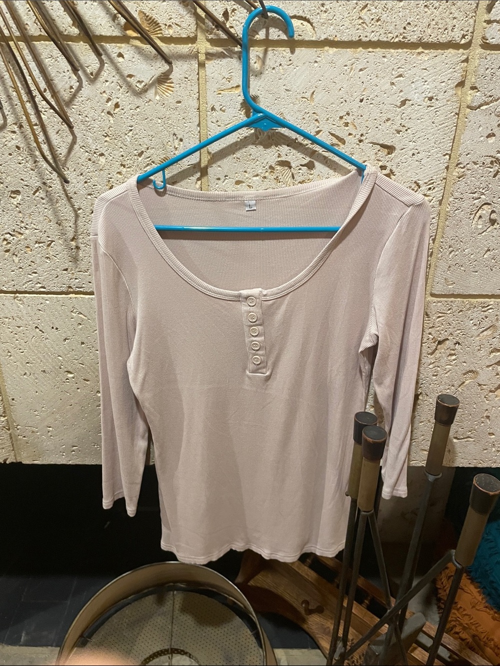 Classic Scoop Neck Henley Top - Light Beige